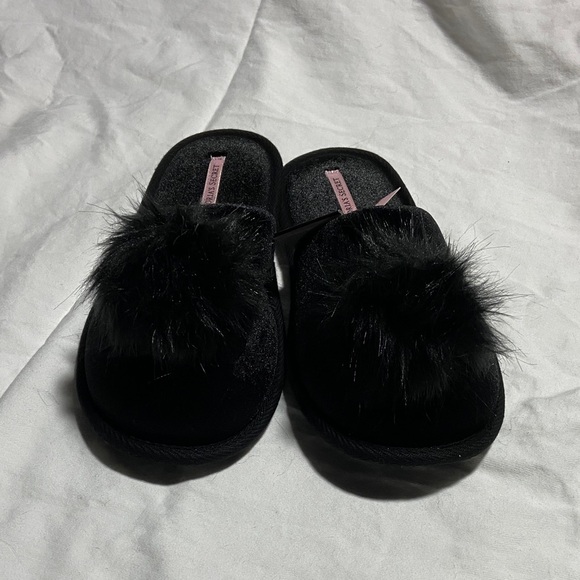 Victoria's Secret Shoes - Victoria's Secret Black Furry Pom Pom Slippers